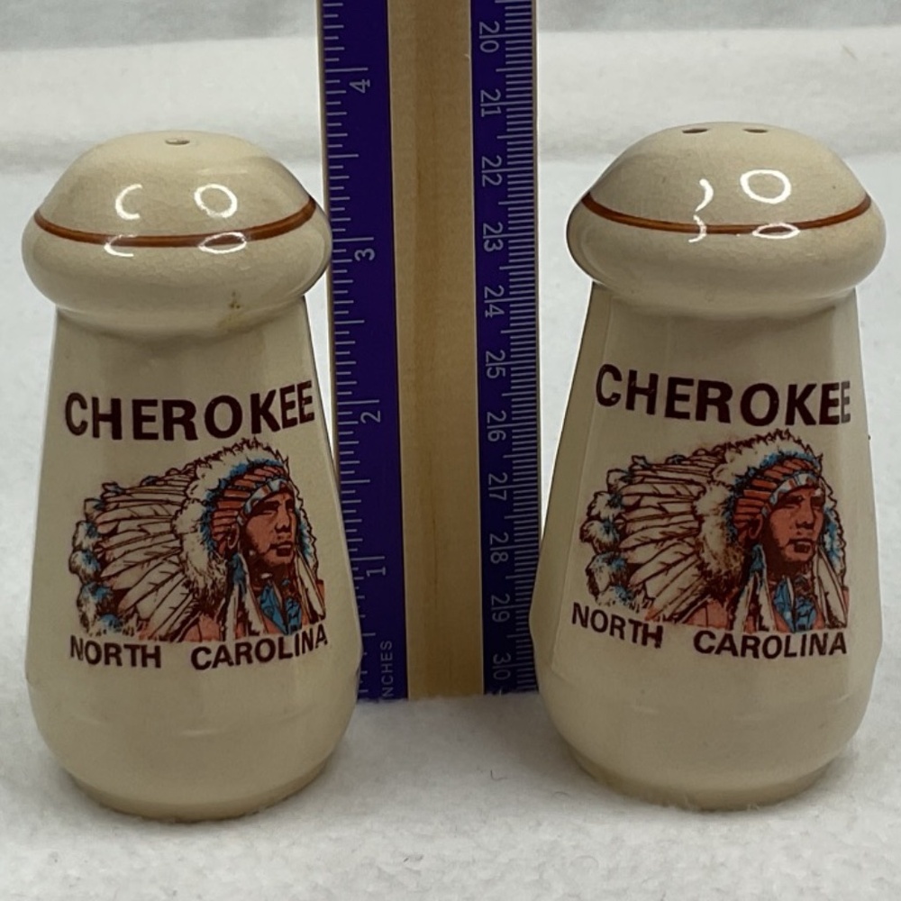 Vintage Cherokee NC Souvenir Salt Pepper Shakers Ceramic Native American Graphic